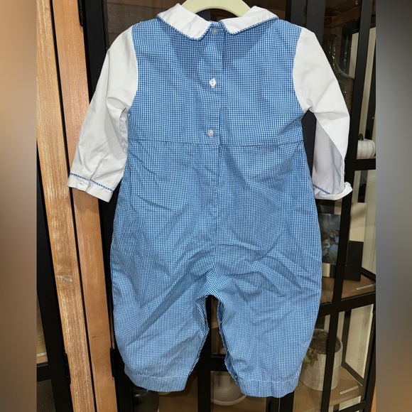 Petit Ami longall romper appliqué baby boy train peter pan collar gingham smock - Picture 2 of 4